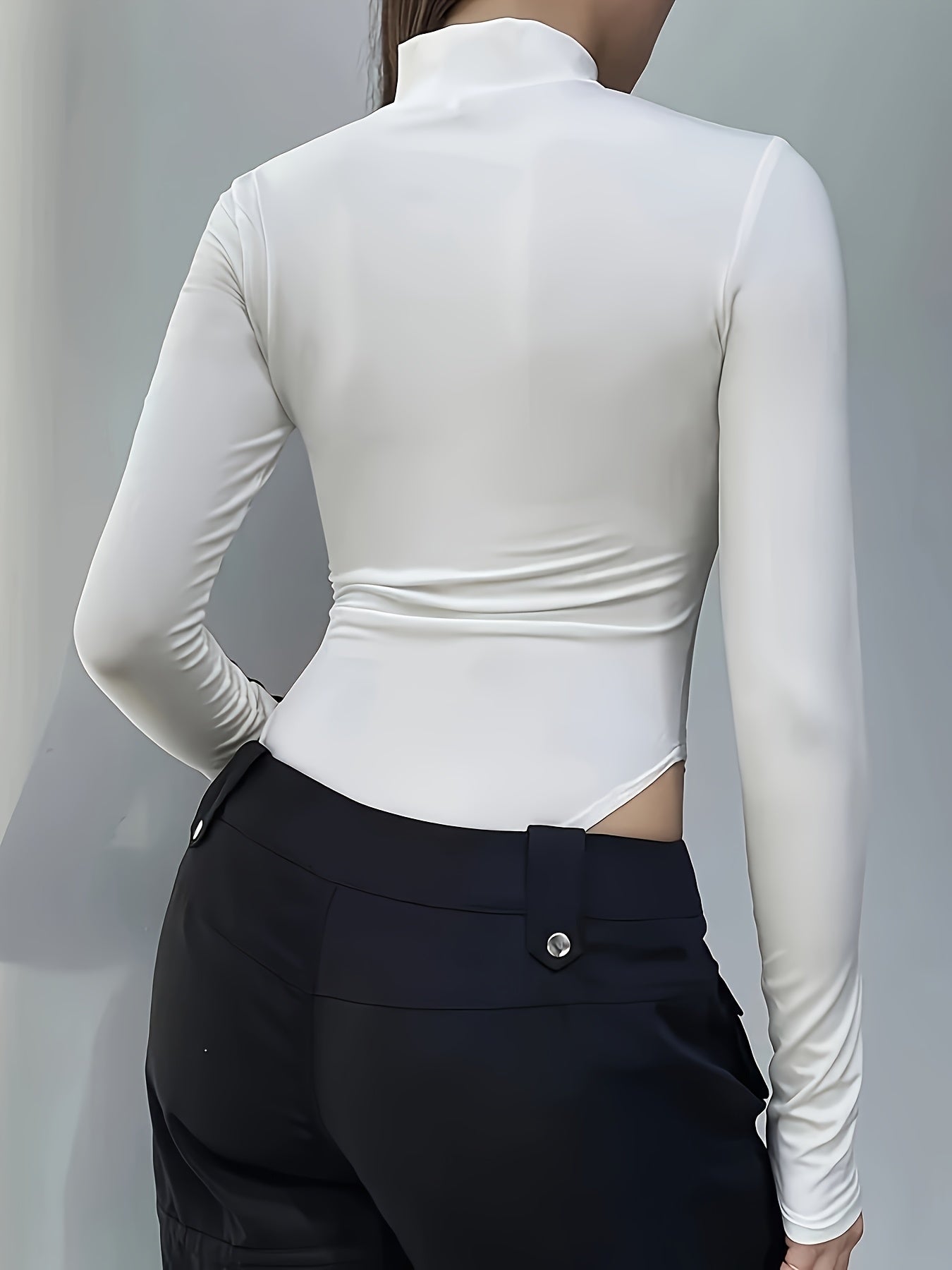 Women'S Long Sleeve Bodycon Top - White with Black Stripes, High Neck, Stand Collar, Zipper Detail, Skinny Fit, Perfect for Casual & Formal Occasions, Versatile Clothing | Stylish Long Sleeve Top | Knit Construction, Long Sle